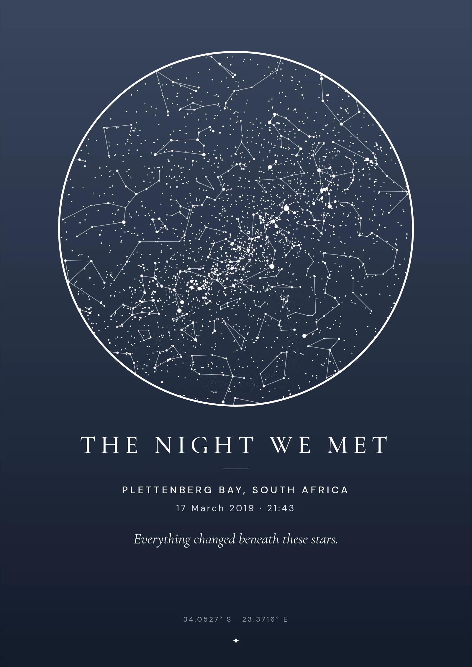 Framed Evernight star map: The night we met, Plettenberg Bay, 17 March 2019